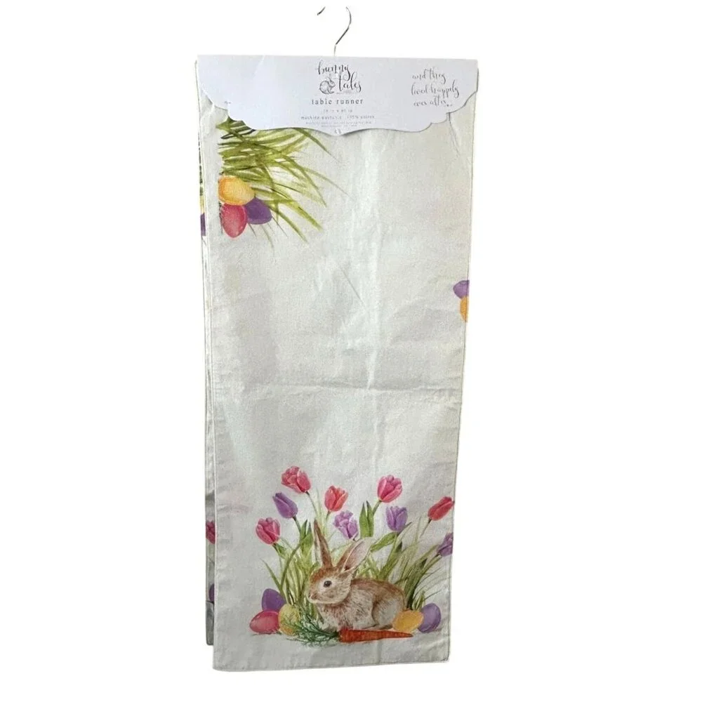 Bunny Tales Table Runner Easter Tulips Table Spring Cotton Rabbit Carrot 80x16
